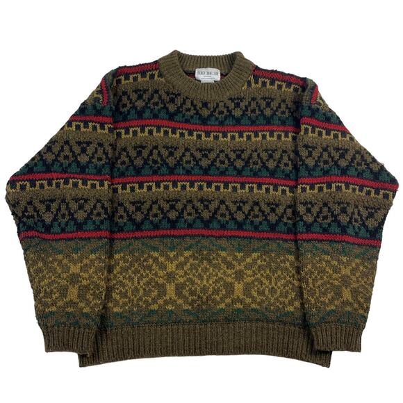 Vintage Brown Green Red Wool Blend Sweater Tribal Aztec Geometric Size Large - Picture 1 of 9